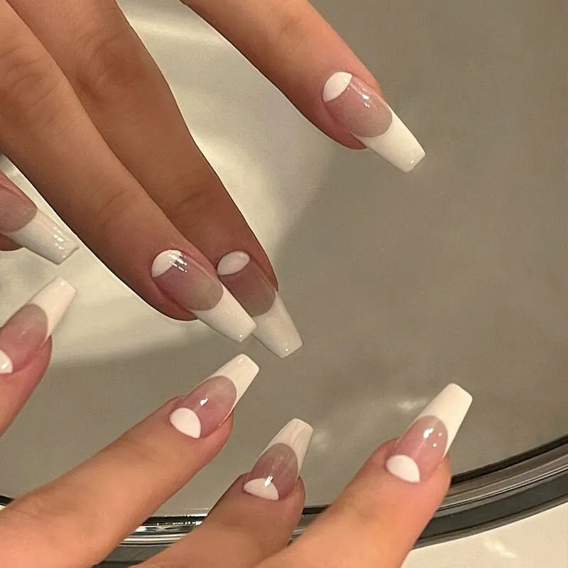 24pcs White Nail Patch Glue Type Removable Long Paragraph Fashion Manicure Save Time False Nail Patch SANA889-Nail Inspo