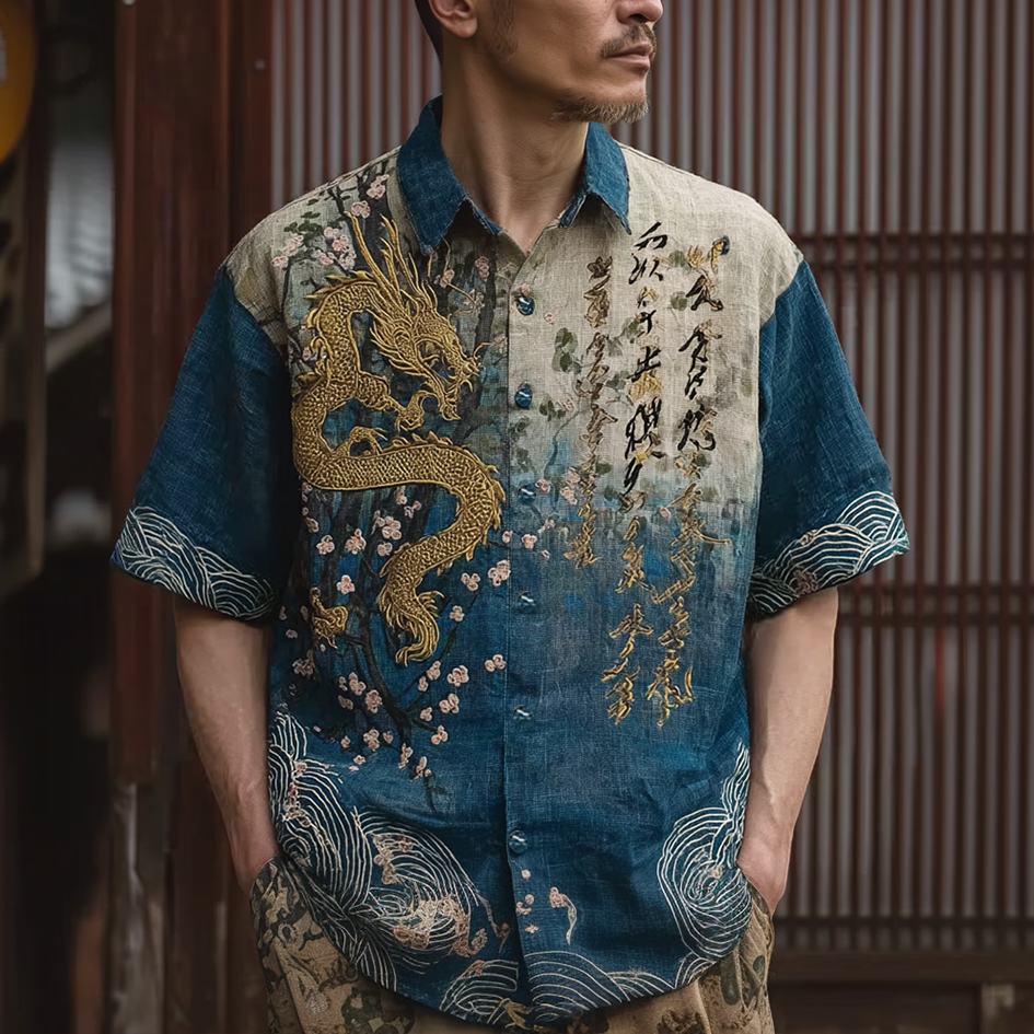 Japanese Art Retro Pattern Clash Color Design Men's Casual Linen Shirt elevenforest