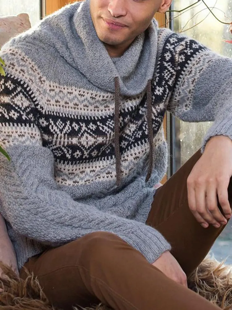 Retro Gray Geometric Knit Hooded Sweater