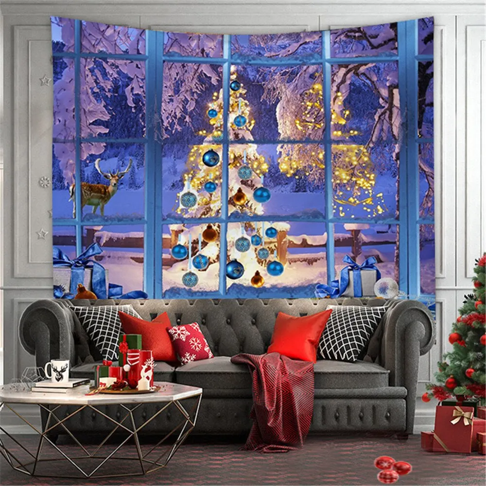 Merry Christmas Tapestry Wall Hanging Christmas Tree Fireplace Wall Cloth Tapestries Psychedelic Boho Decor Wall Tapestry Carpet
