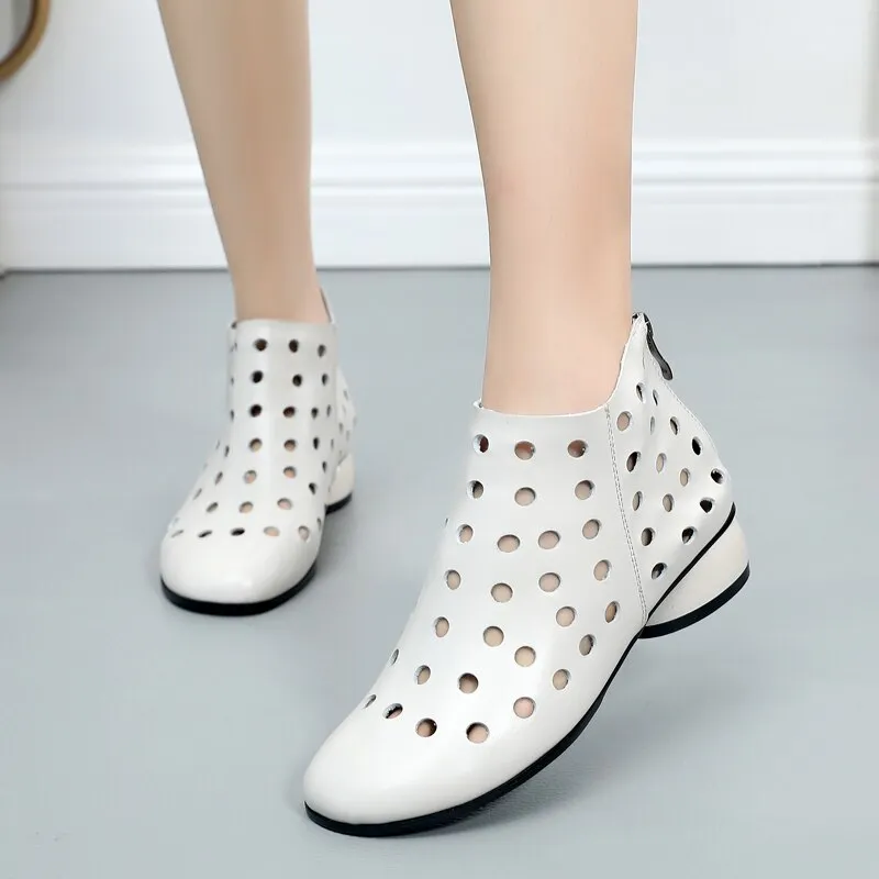GKTINOO 2022 Summer Ankle Boots Genuine Leather Shoes Women Med High Heel Back Zipper Boots Cutout breathable Mujer Zapatos