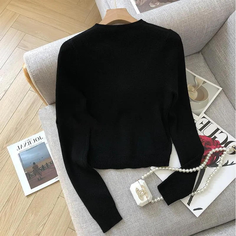 Churchf Fragrant Wind Black Knit Cardigan Female 2025 New Style Lazy Retro Round Neck Sweater Coat