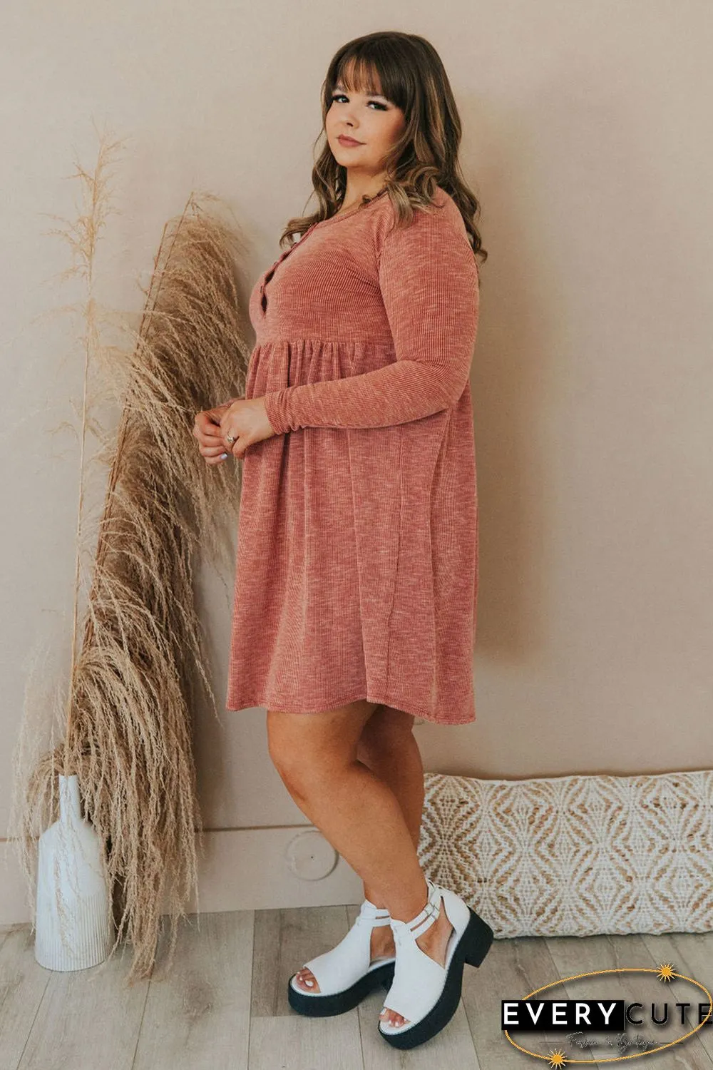 Plus Size Mineral Washed Ribbed Henley Dress