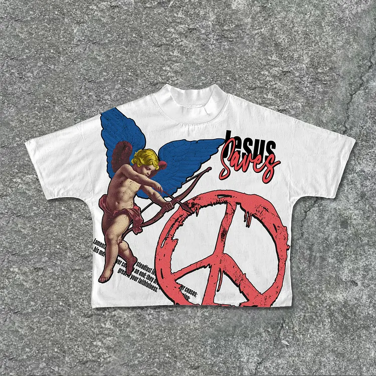 Angels Anti-War Graphics Jesus Saves Bible Print Cropped T-Shirts