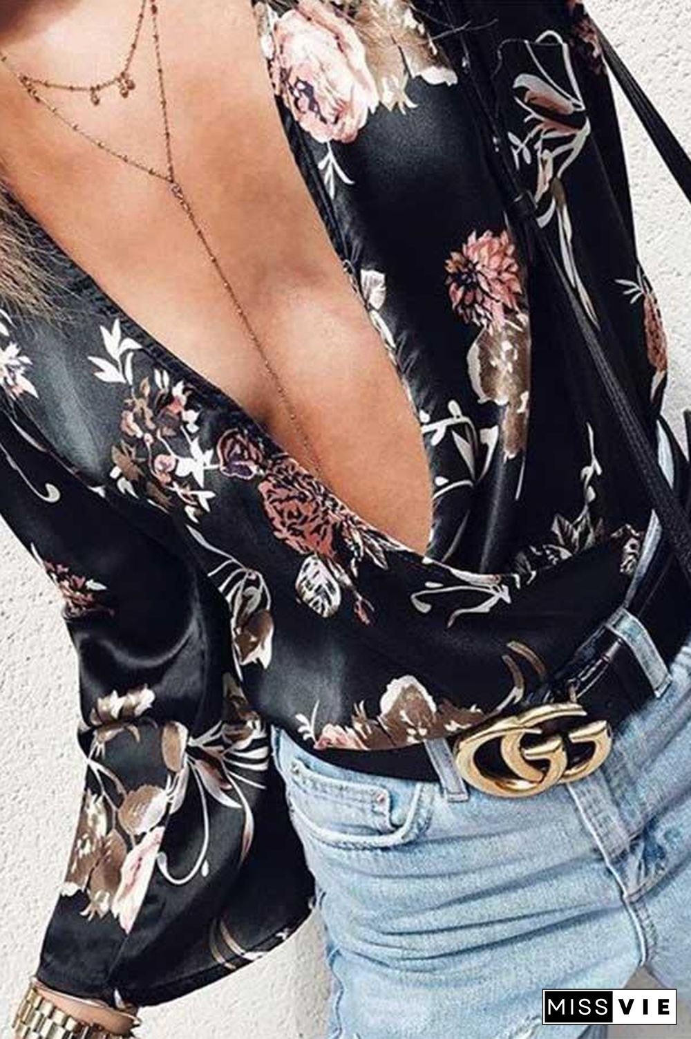Deep V-Neck Flare Sleeve Print Top