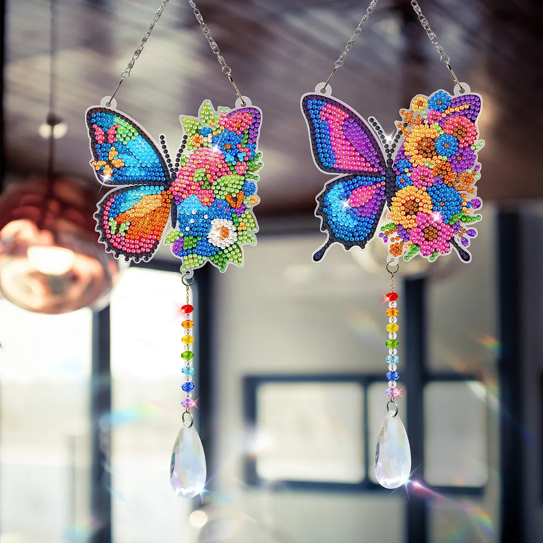 2Pcs Butterfly DIY Double-Sided Diamond Painting Hanging Kits Diamond Painting Suncatcher Craft Kit for Home Garden Wall Decor Gift