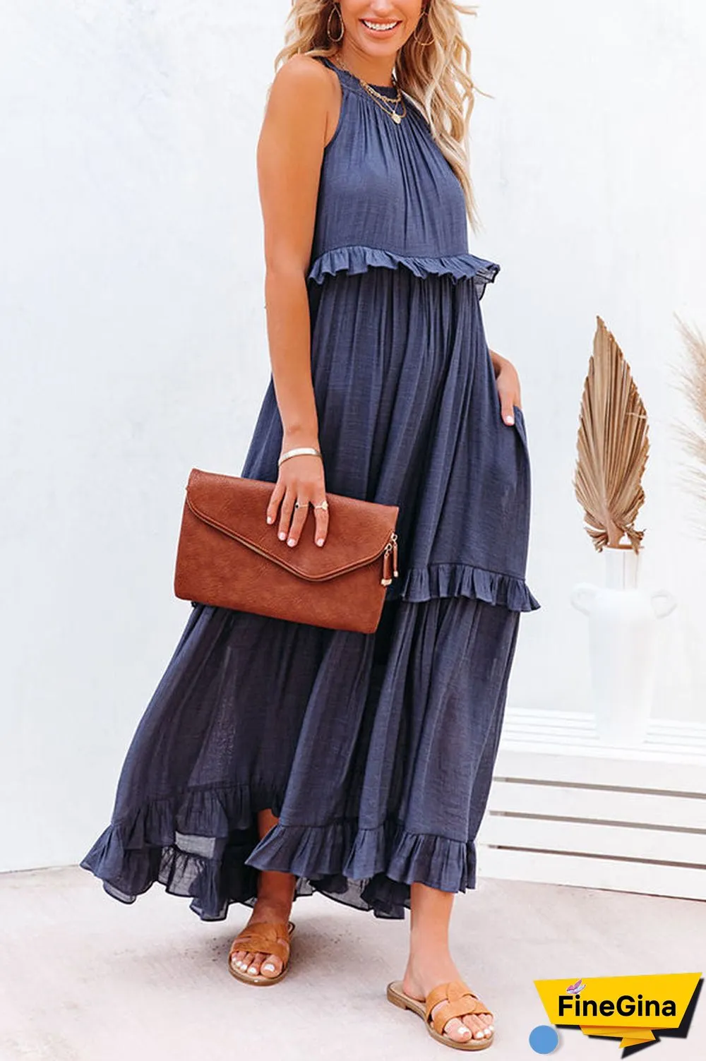 Pocketed Halter Textured Maxi Dress