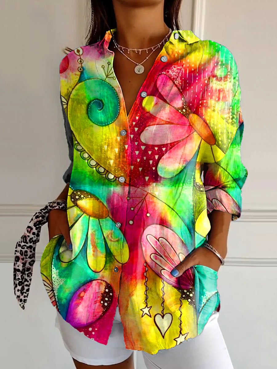 Women's Colorful Abstrct Flower Art Print Casual Cotton Shirt
