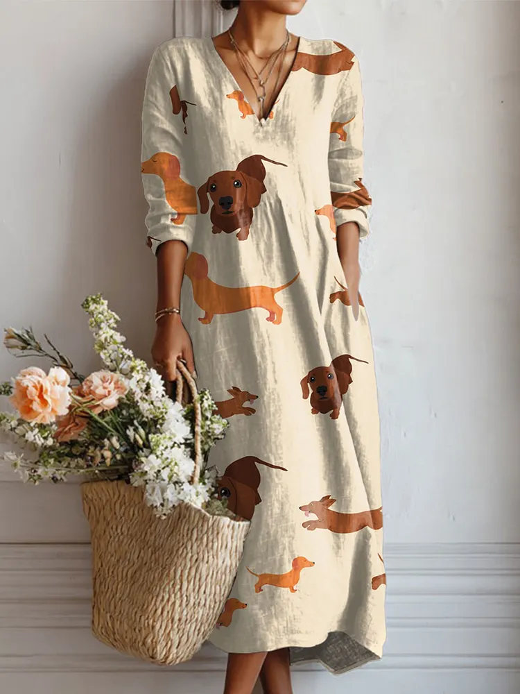 Women's Vintage Dachshund Art Print Linen Pocket Dress