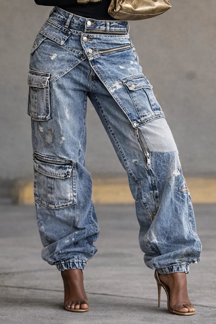 Women's Two-Piece Workwear Zipper Casual Jeans
