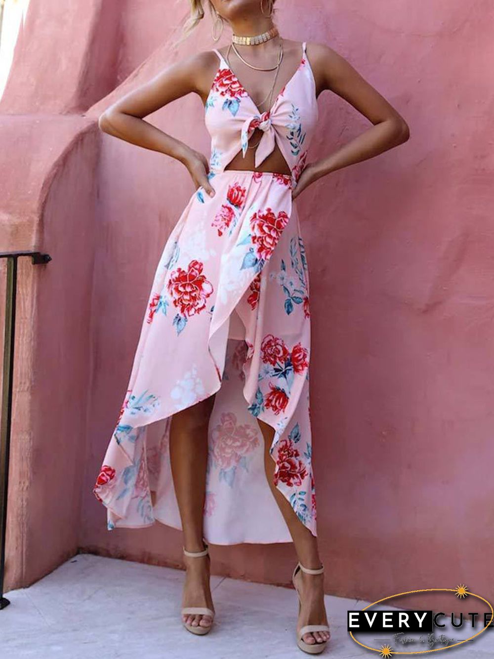 Pink Sleeveless Flowers Printed Irregular Hem Dress