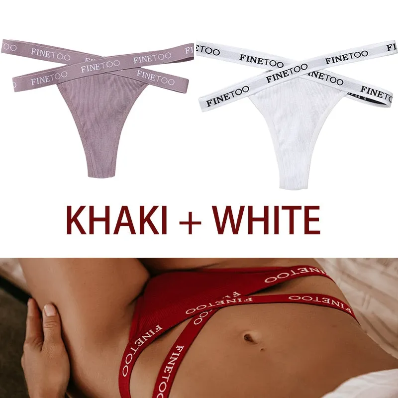FINETOO 2PCS/Set Women's Cotton G-string Sexy Cross Strap Panties Letter Waisted Underwear Thongs Femme Hollow Out Lady Briefs