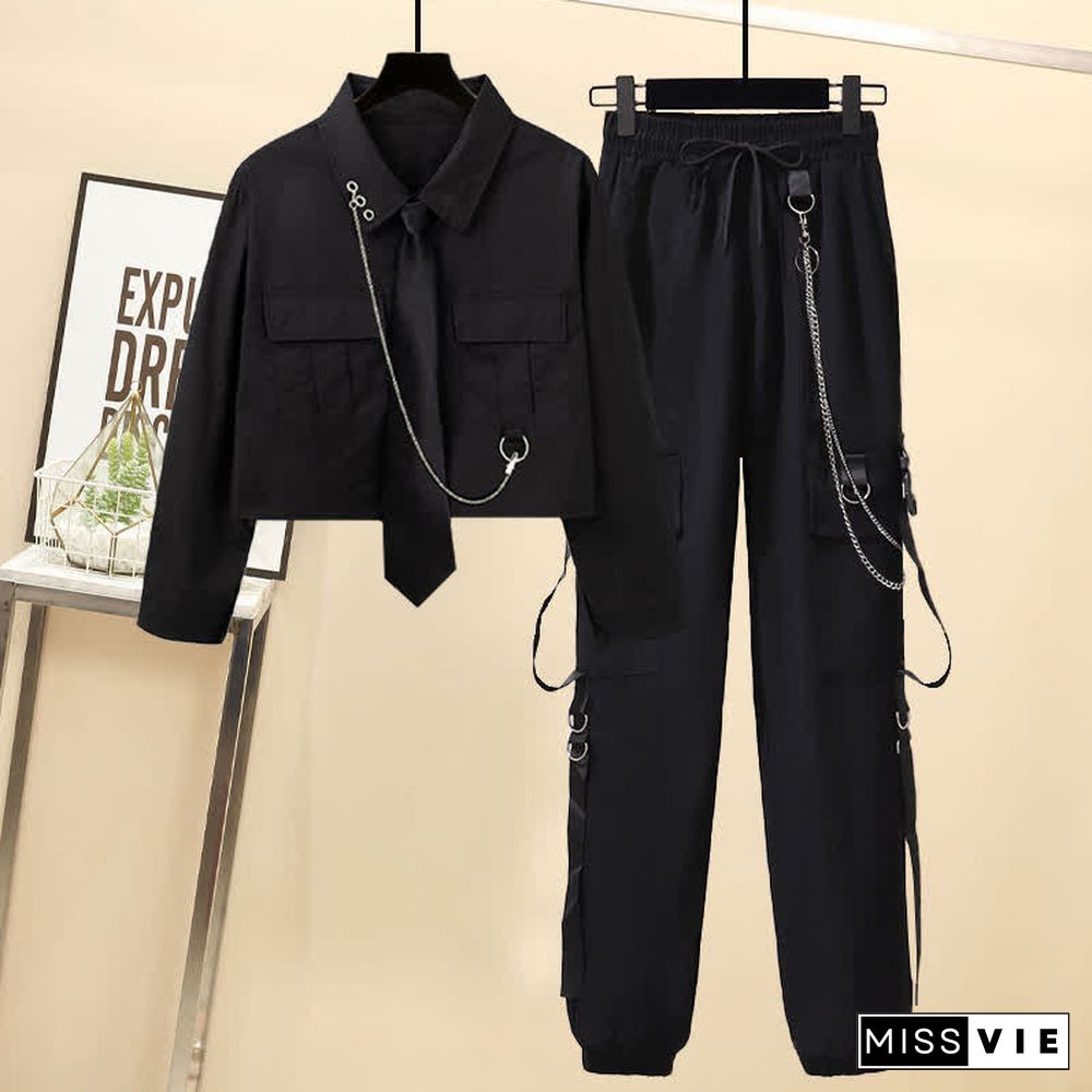 Chic Pocket Lapel Tie T-Shirt Casual Chain Cargo Shorts Pants