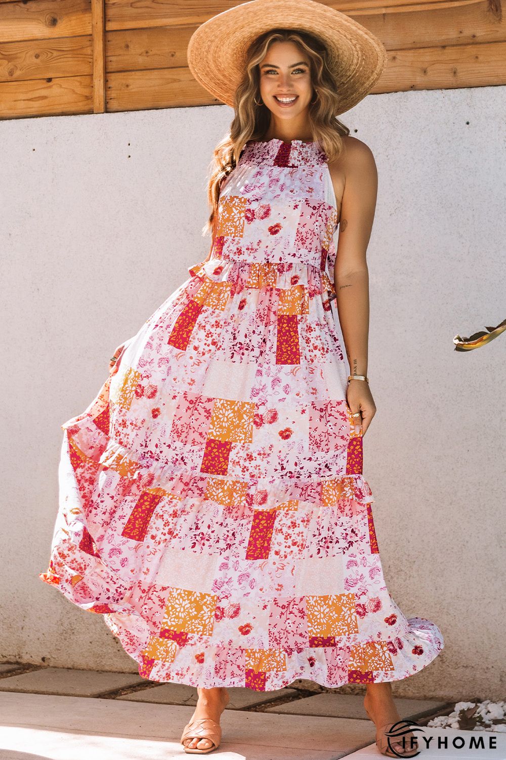 Multicolor Boho Geometric Floral Print Sleeveless Maxi Dress | IFYHOME