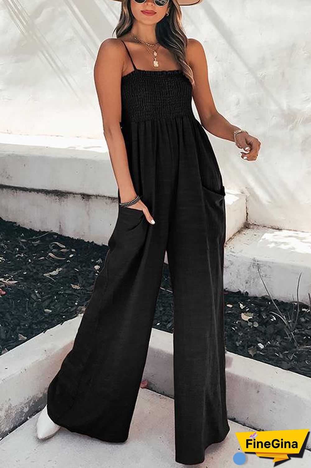 Elastic Pockets Wide Leg Slip Jumpsuit