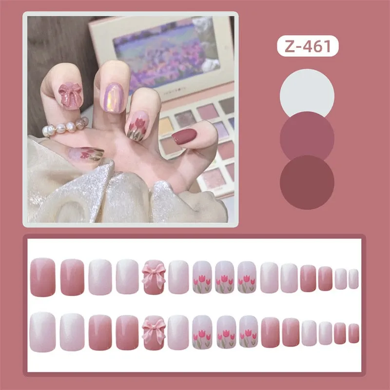 24Pcs false nails with designs cow and Blue Color cut design Fake Nail Shiny Gold Foil  artificial nails with glue for girls-Nail Inspo