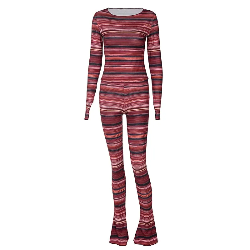 Hawthaw Women Autumn Long Sleeve Striped Printed T Shirt Tops Long Pant Two Piece Set Suit 2021 Fall Clothes Wholesale Items