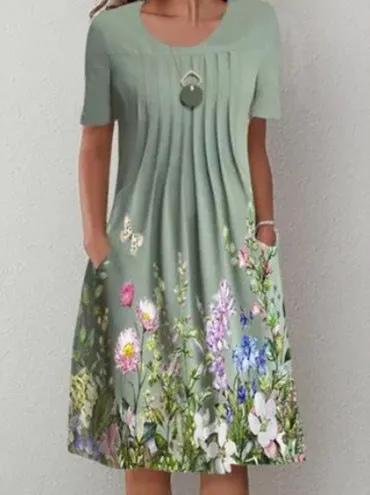 Brownm Floral Print Round Neck Pocket Mid-length Dresses