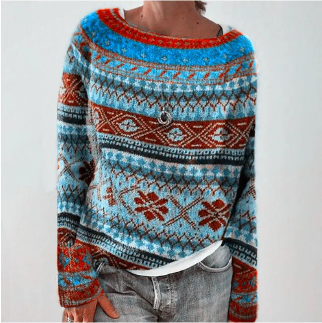 Round Neck Colorblock Loose Retro Jacquard Sweater