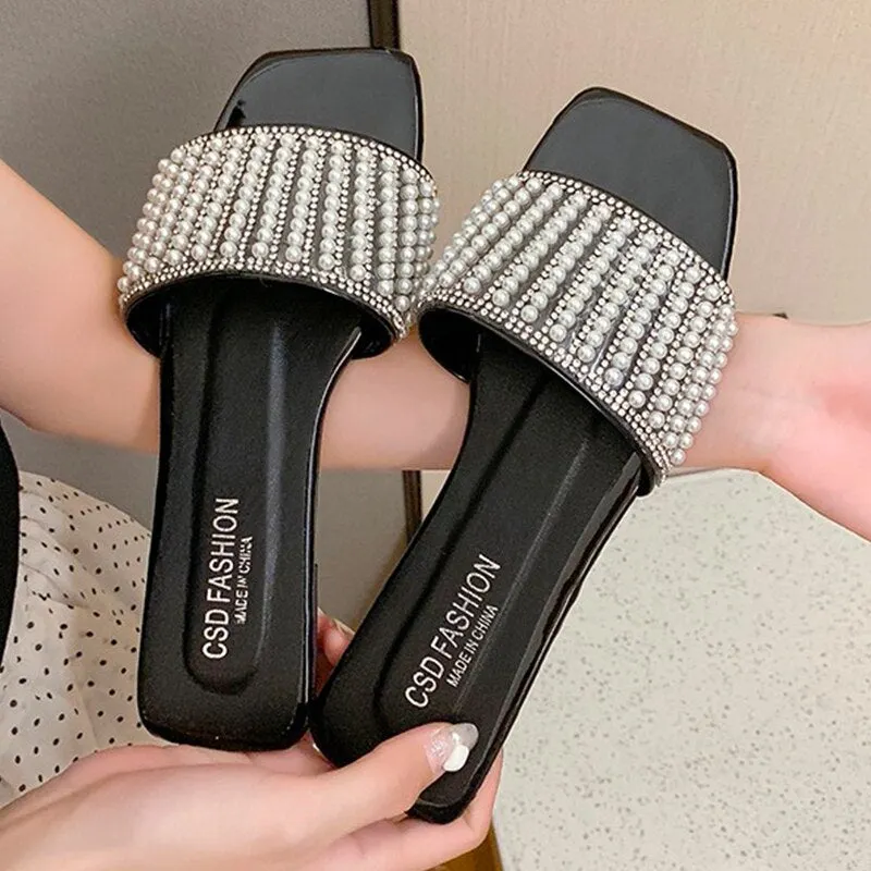 Women Slippers Summer Rhinestone White Flat Shoes Elegant Pearl External Wear 2021 Summer New Sandy Beach Sandals Women Shoes