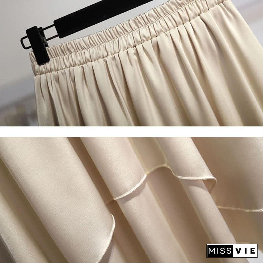 Vintage Buckle Irregular T-Shirt Layered Midi Skirt