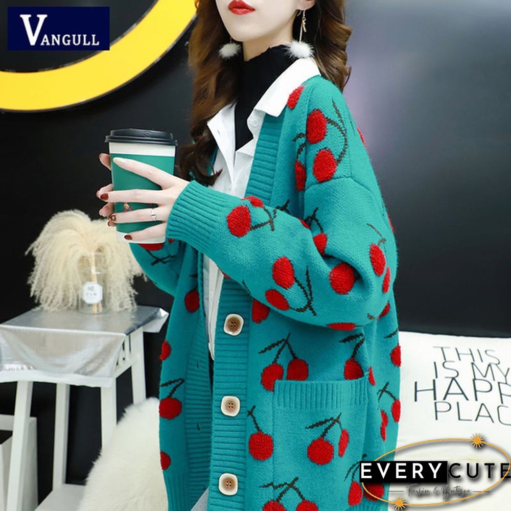 VANGULL Brand Women Fruit Printting Knitted Sweater Cardigans Single Breasted Long Sleeve Korean Style Loose Sweater Tops