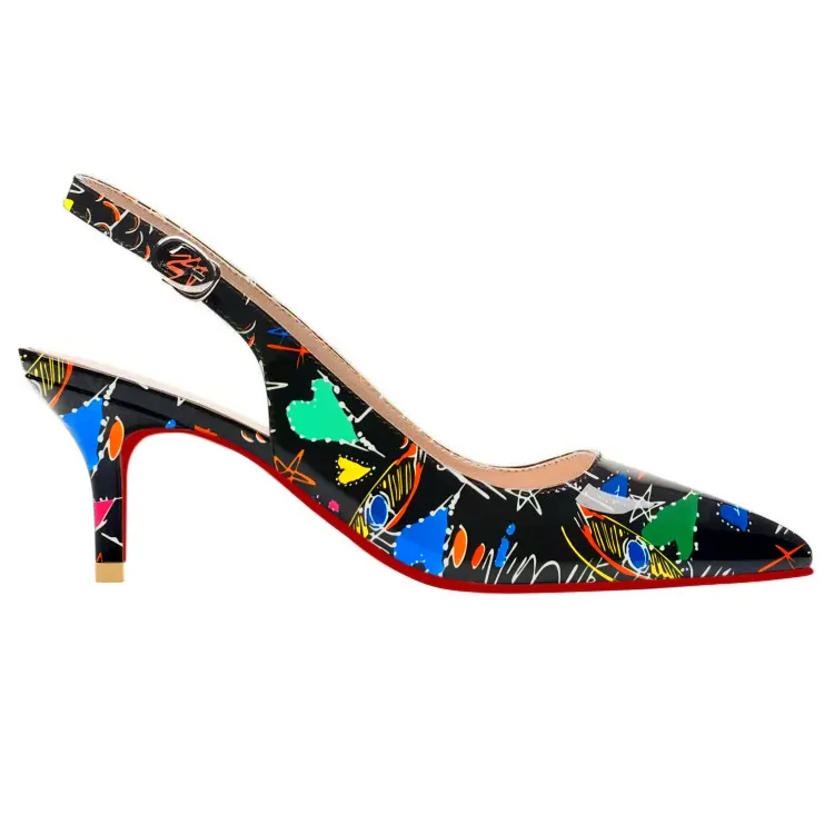 60mm Women's Pointed Toe Slingback Graffiti Print Design Red Bottom Pump Sandals VOCOSI VOCOSI