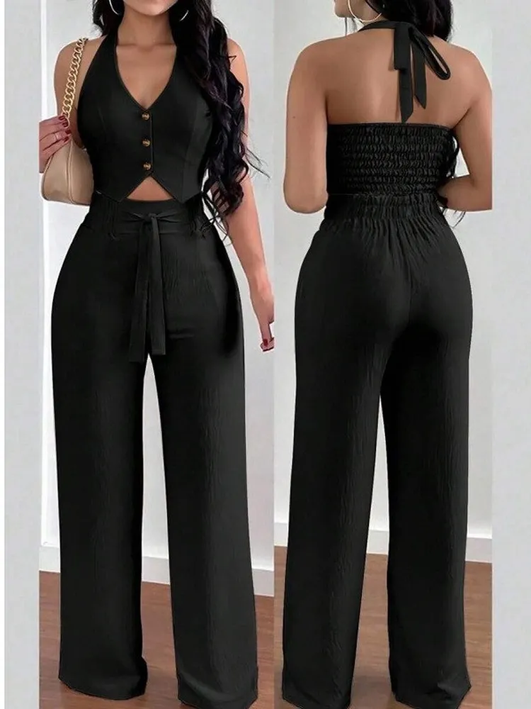 Women's Matching Set with Halter Crop Top and Wide Leg Pants