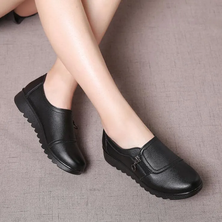 2020 Fashion Soft Leather Round head Women Casual Flats Ladies Side Zipper Flat Oxford Shoes New Mother single Shoes