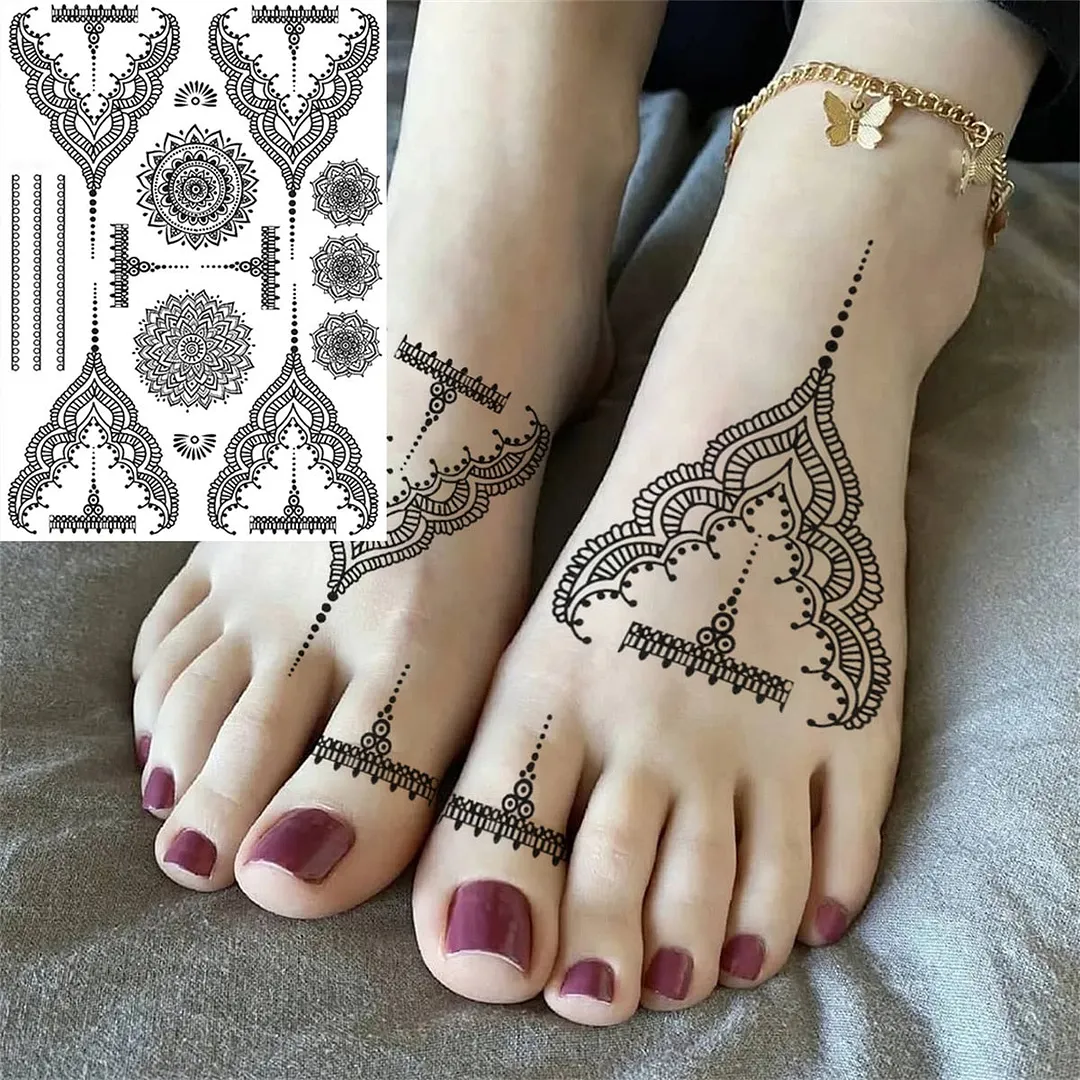 Sexy Black Henna Temporary Tattoos For Women Girls Lotus Flower Lace Tattoo Sticker Fake Jewelry Mandala Body Chest Tatoos Paper