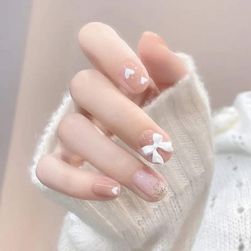 24Pcs false nails with designs cow and Blue Color cut design Fake Nail Shiny Gold Foil  artificial nails with glue for girls-Nail Inspo