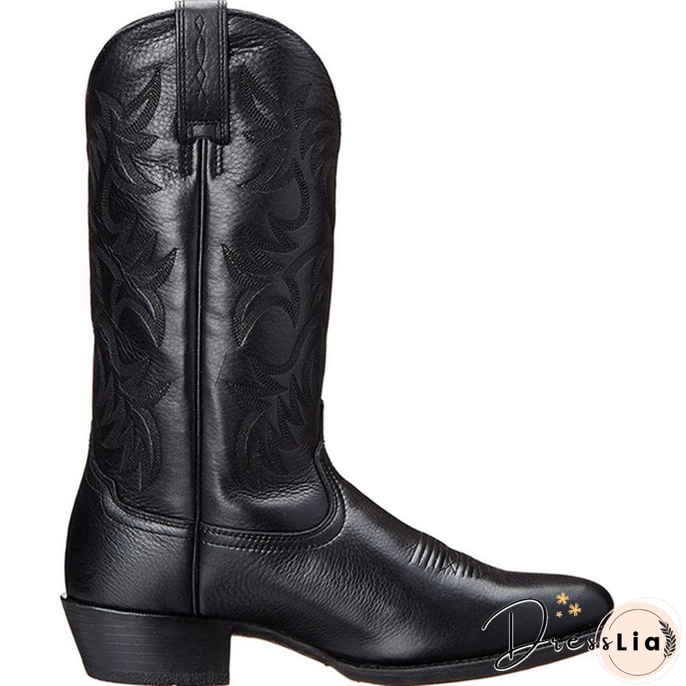 Mens Vintage Leather Mid Calf Boots Pointed Toe Western Cowboy Boots Man Retro Knee High Talll Boots Riding Boots Big Size 38-48 Botas