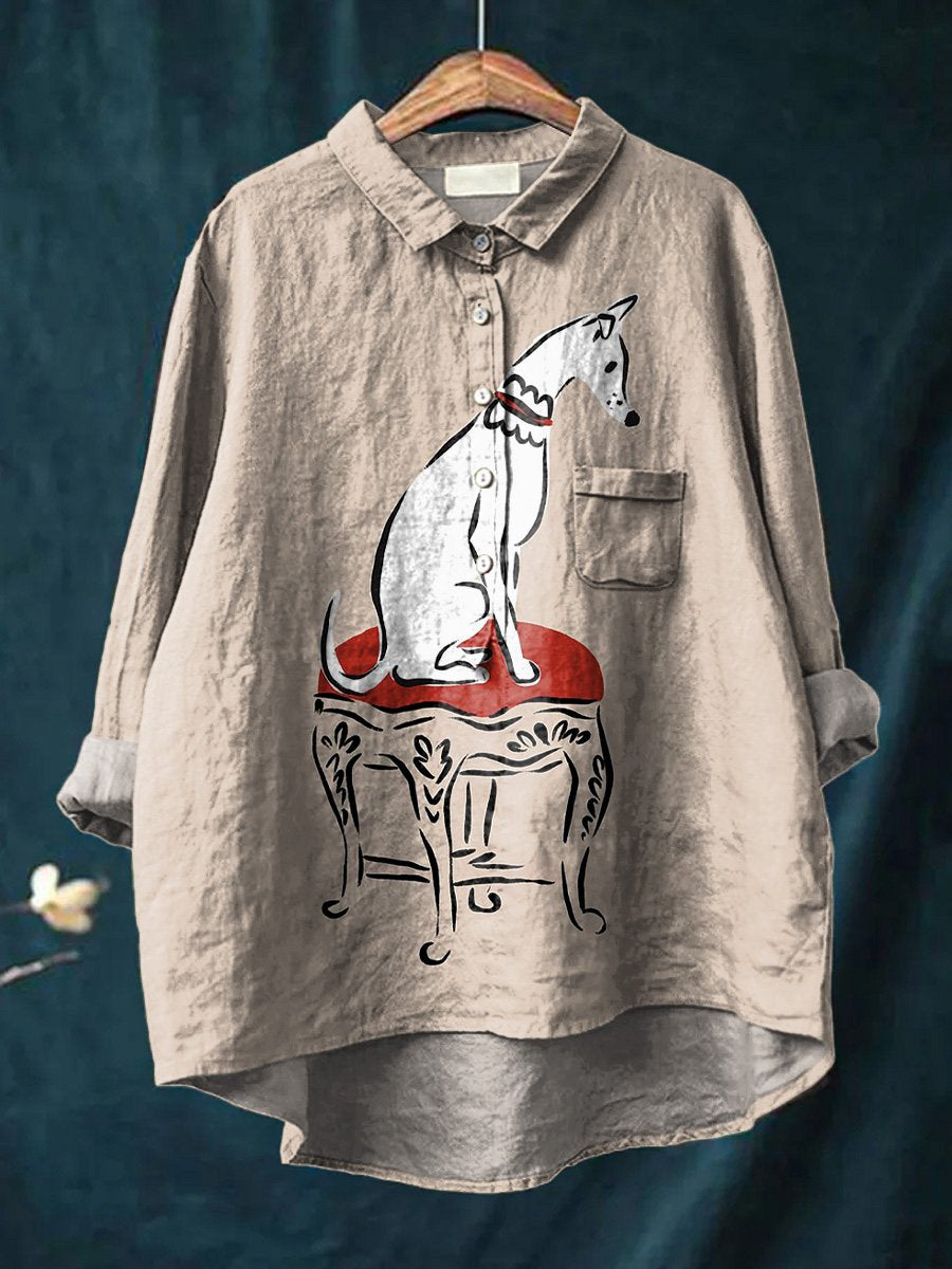 Curious Puppy Dog Printed Women's Casual Cotton And Linen Shirt