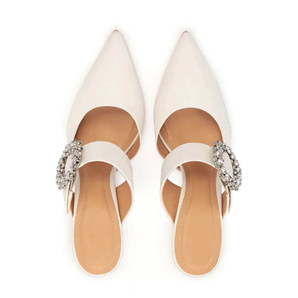 Elegant White Pointed Toe Stiletto Heel Rhinestones Buckle Mules Shoes