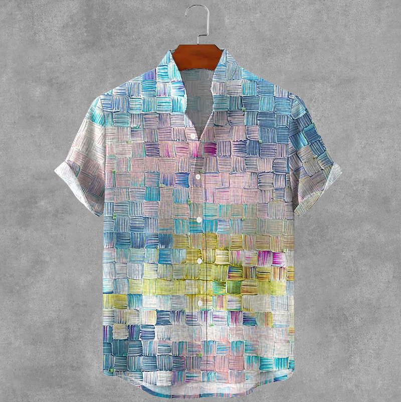 Men's Retro Oil Painting Plaid Art Print Cotton And Linen Shirt  artssus