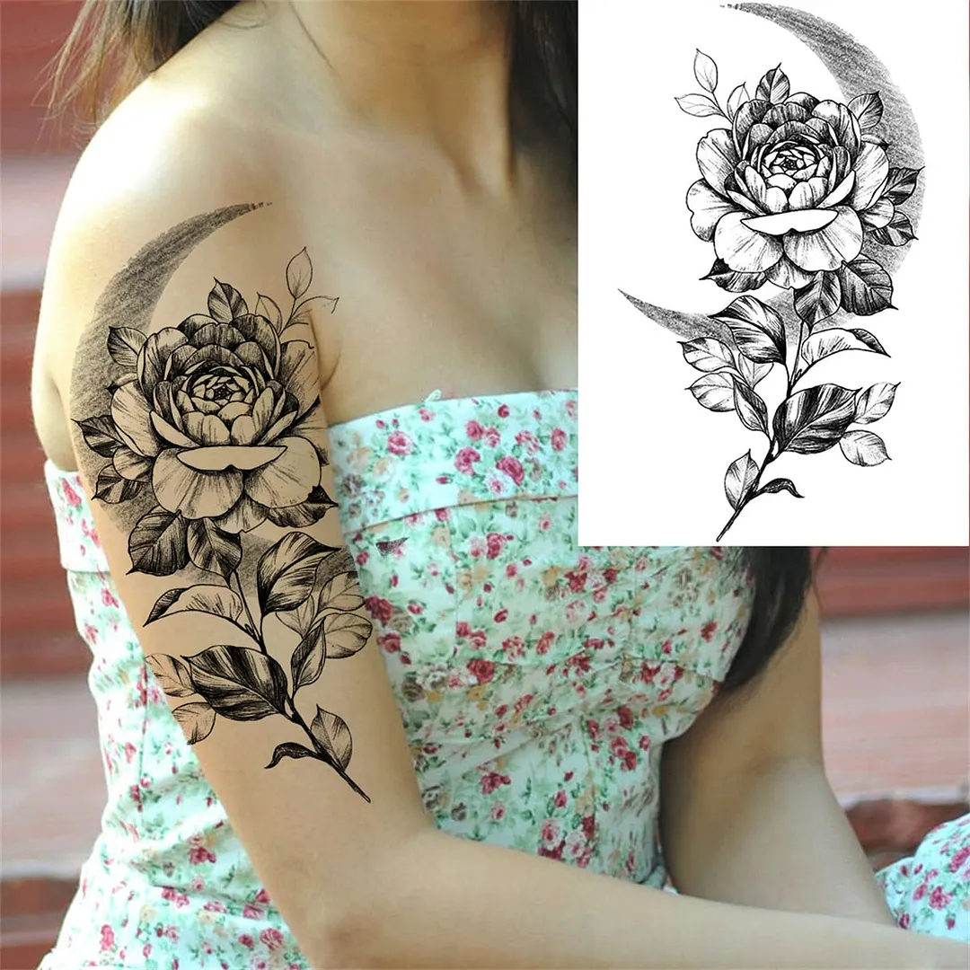 Flower Compass Temporary Tattoo For Women Girls Adult Rose Peony Tattoos Sticker Fake Black Floral Body Art Thigh Tatoos Paper