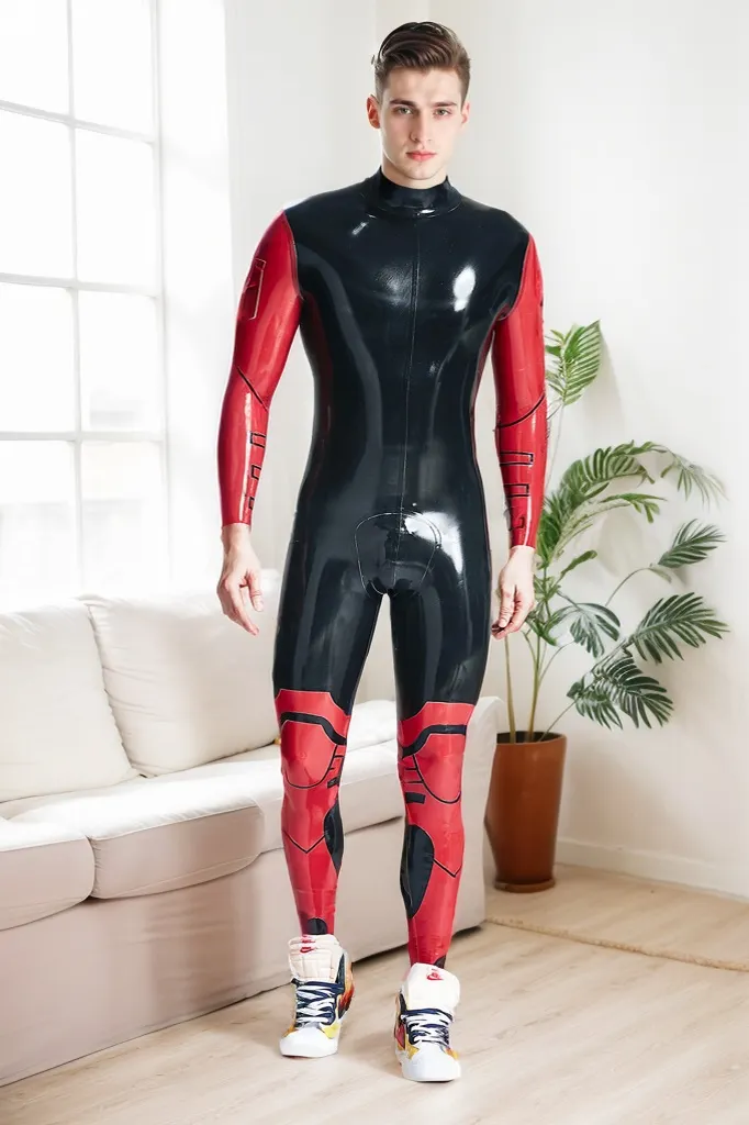 Men Latex Catsuits Male Defender Back Zipper Catsuit Futuristic Tech  Savvy Powerful Catsuit - Black & Red