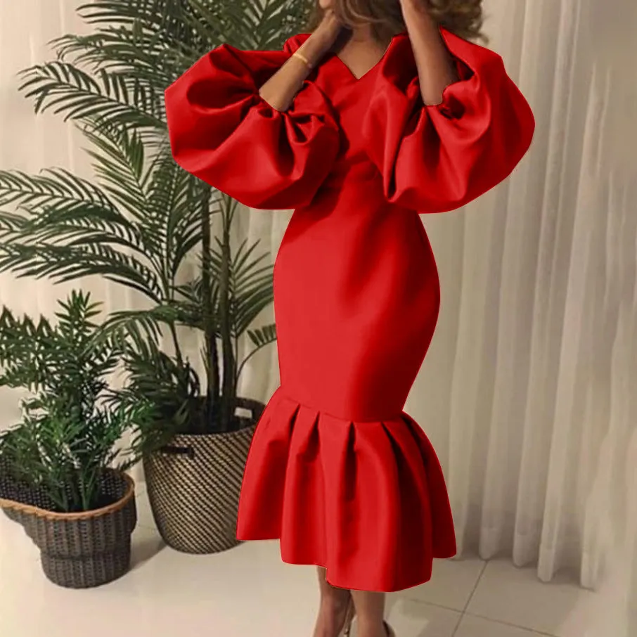 Brownm Commute Plus Size Women's Fashion Solid Color V-neck Bubble Long Sleeve Fishtail Dress