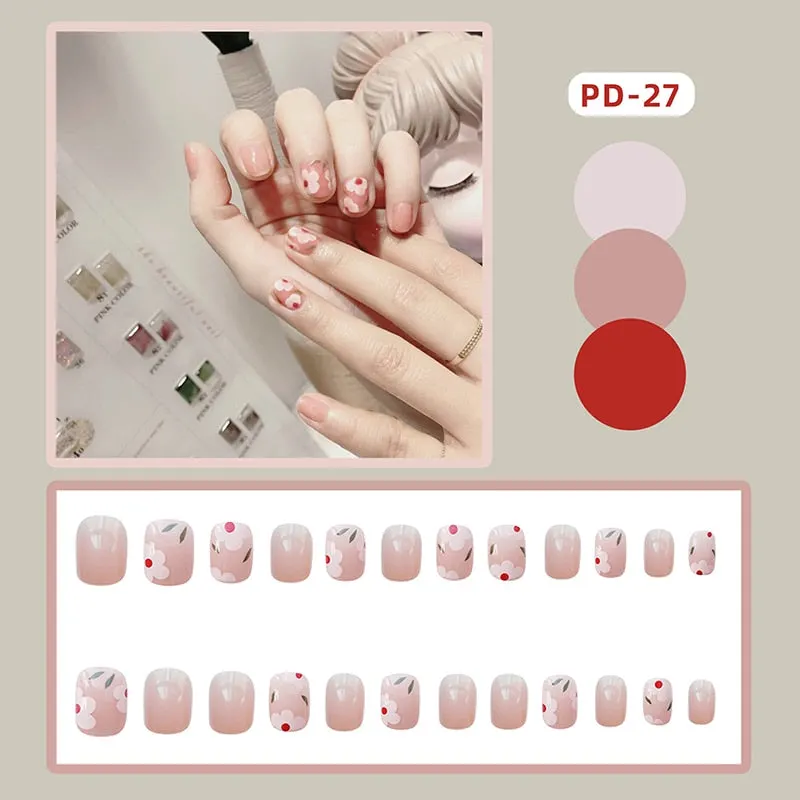 24pcs/box Fake Nails With Glue Yellow Flower Printed Type Short Paragraph Fashion Manicure Press On False Nails Gifts For Girls-Nail Inspo