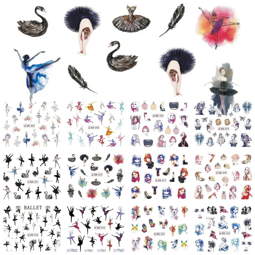 Nail Stickers Water Transfer Ballet Abstract Art Designs 12Pcs/Set Nail Decal Decoration Tips For Beauty Salons-Nail Inspo