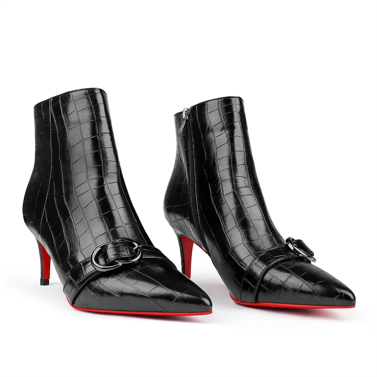 60mm Women's Pointed Toe Croc Pattern Kitten Heel Single Strap Red Bottom Booties VOCOSI VOCOSI