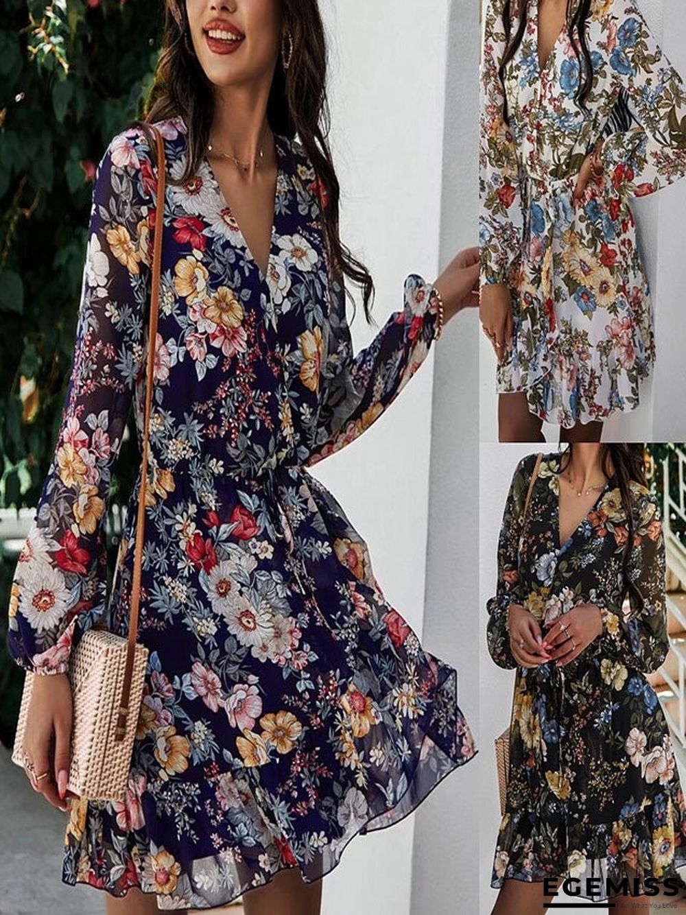 New Women's Spring/summer V-neck Long-sleeved Chiffon Print Dress | EGEMISS