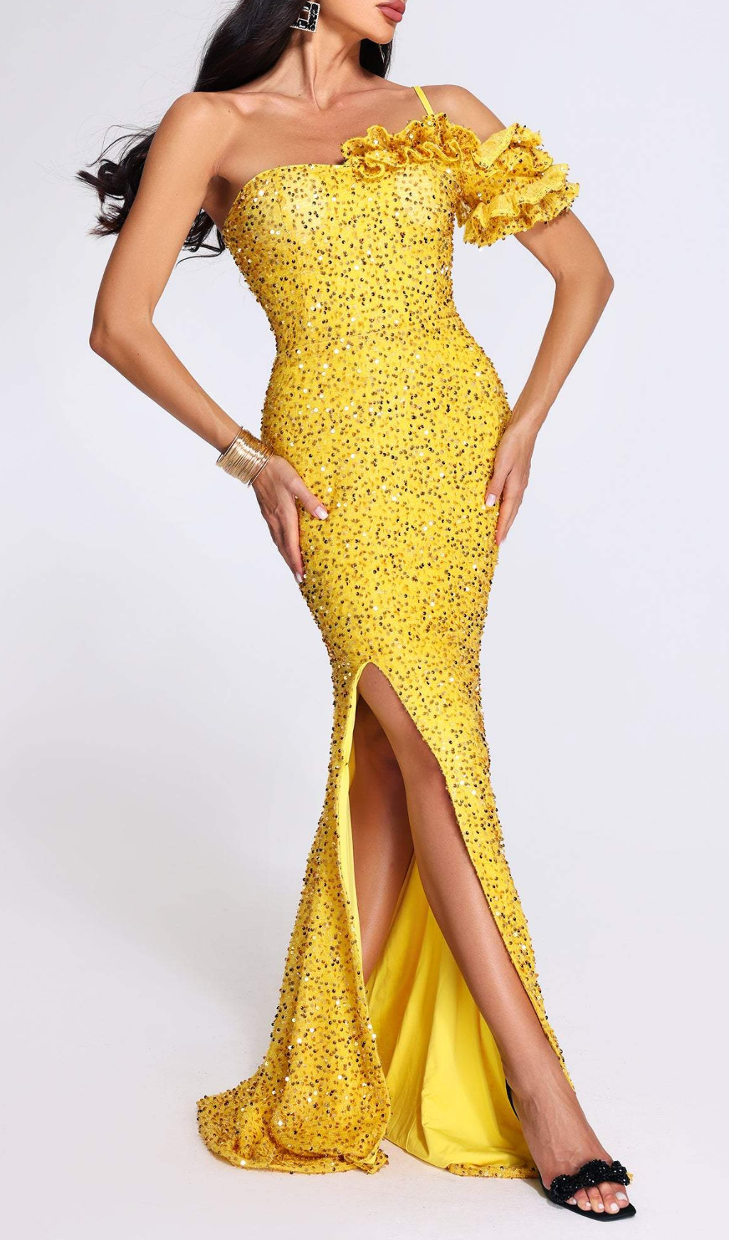 Ayn Yellow Sequined Slit Maxi Dress Flowering Girl