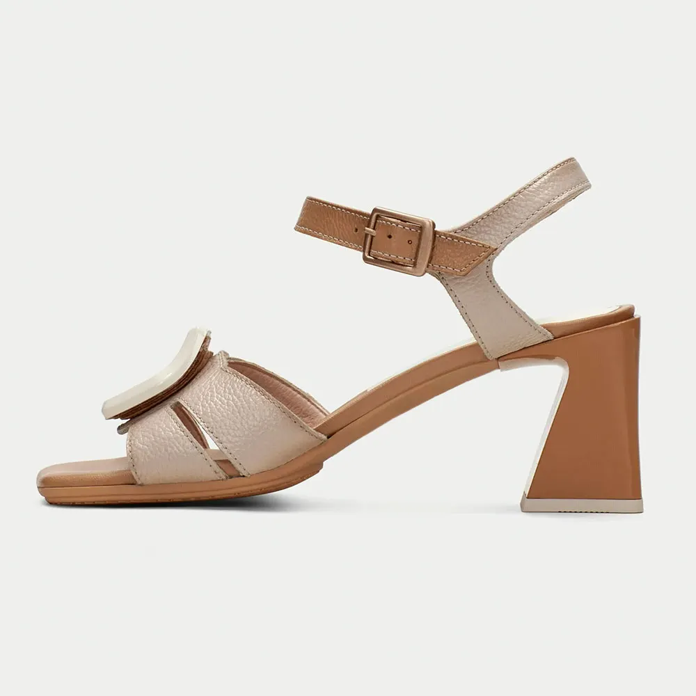 Brown & Beige Open Square Toe Ankle Strap Buckle Women's Sandals