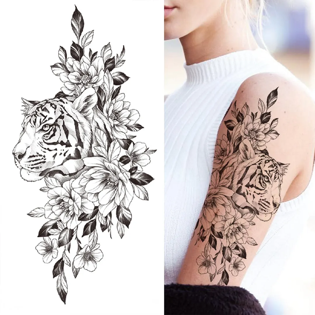Realistic Fake Peony Temporary Tattoos For Women Girl Black Rose Elephant Flower Tattoo Sticker Tiger Anemone Tatoos Half Sleeve 1118 712-1