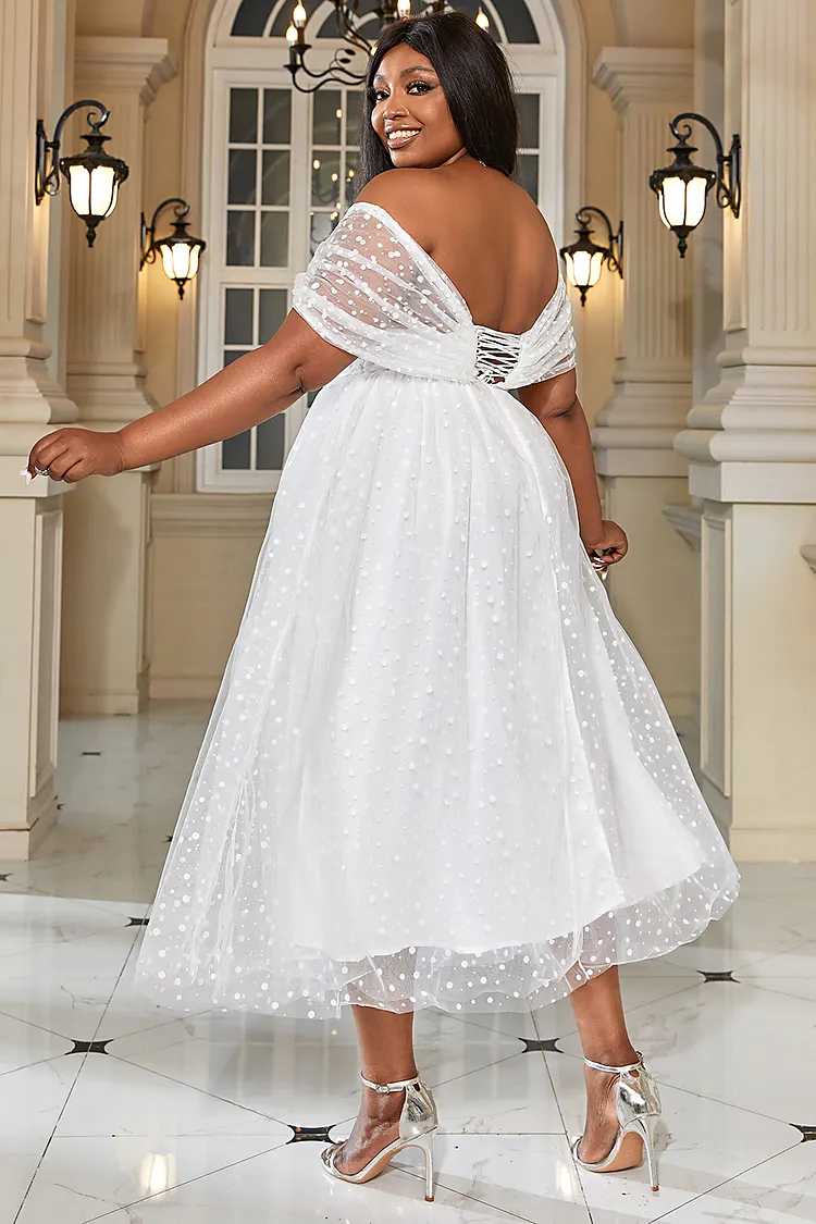 Xpluswear Design Plus Size White Formal Off The Shoulder Mesh Midi Dress  [Pre-Order] - Xpluswear.com
