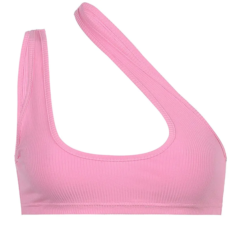 BIIKPIIKSolid One Shoulder Tank Tops Skinny Hollow Out Sexy Casual Camisole Pink All-match Clubwear Summer Women Fashion Outifit