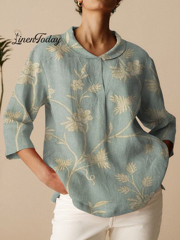 Women&rsquo;s Vintage Floral Art Print Casual Linen Cotton 3/4 Sleeve Shirt Multicolor / S