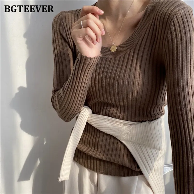 BGTEEVER Autumn Deep O-neck Women Basic Slim Warm Knitted Tops Casual Skinny Stretch Long Sleeve Female Pullover Sweaters 2020