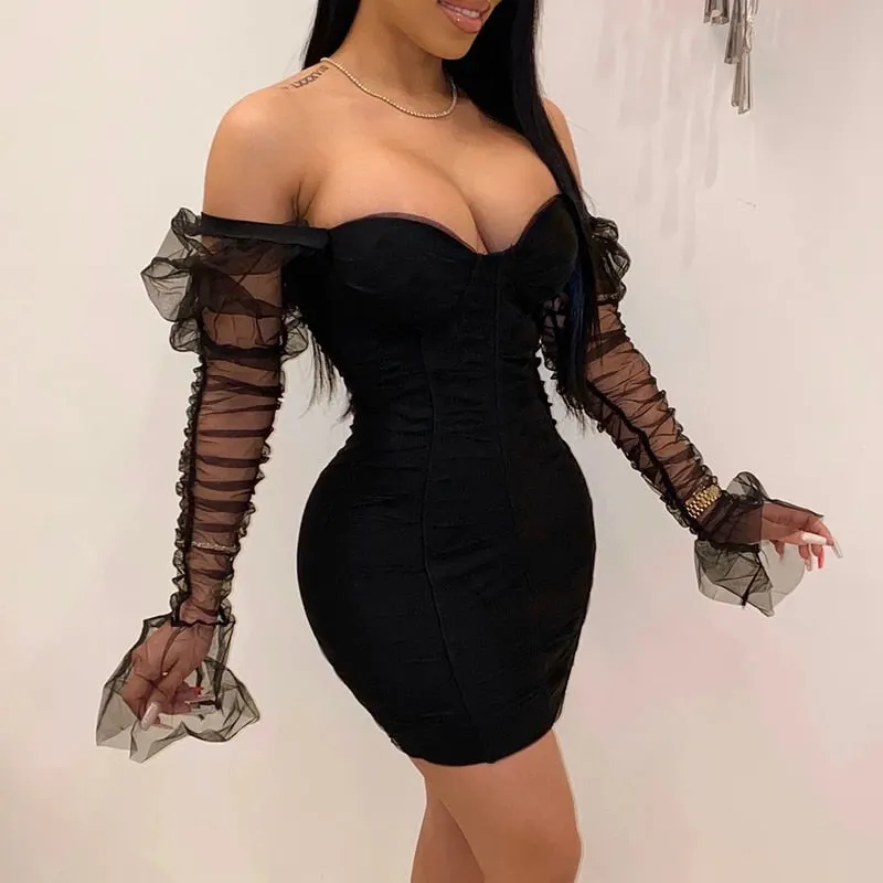 Articat Sexy Mesh Puff Sleeve Party Dress Women Low Collar Backless Patchwork Red Mini Dress Nightclub 2020 Spring Vestidos